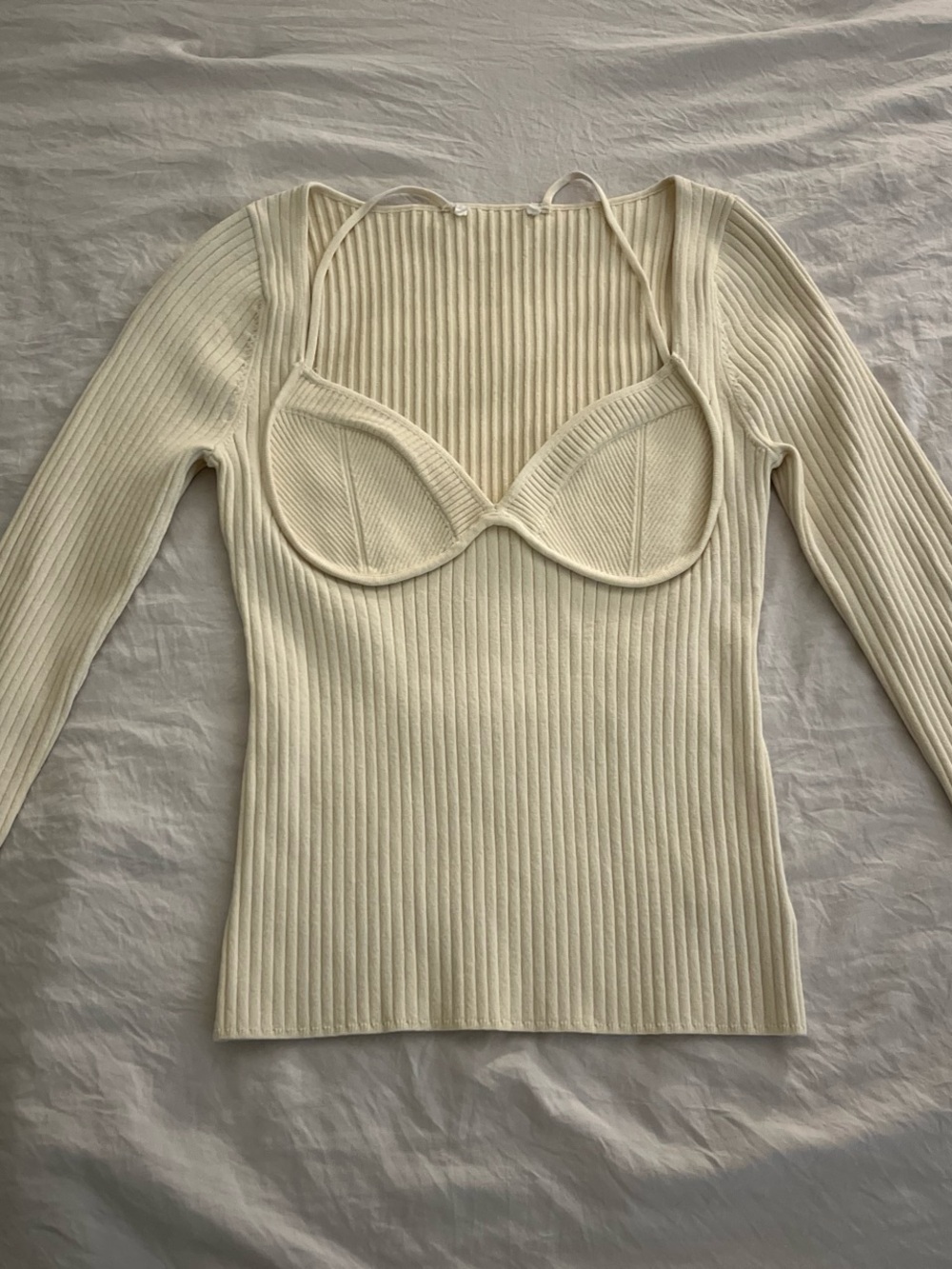Cream Ribbed Long-Sleeve Top with Built-In Bralette